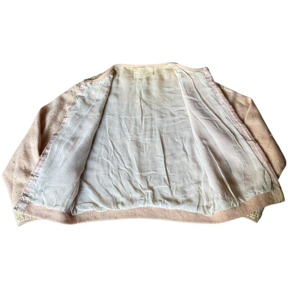 Vintage Jo Ro Imports Angora Lamb Wool Beaded Sequin pink white Cardigan small - Picture 9 of 16